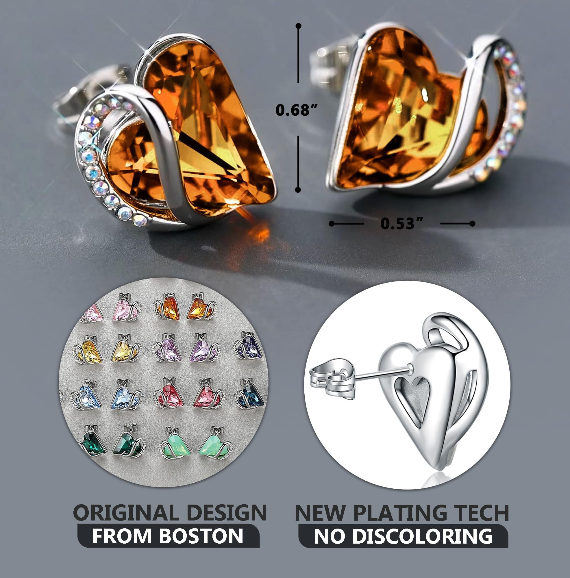 Leafael Infinity Love Brown Heart Earrings for Women, Mothers Day Gifts for Mom, Wife, and Her, Silver Plated Amber Stone Earring with Birthstone Crystal for November, Jewelry for Ladies
