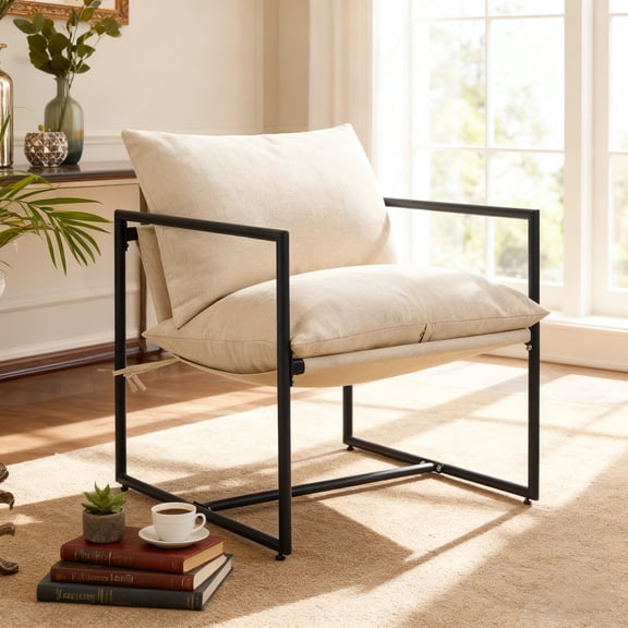 LOGYAT Modern Accent Chair with Square Metal Frame, Soft Upholstered Cushion, Armrests, 27.6" Compact Design, Easy Assembly for Living Room, Beige