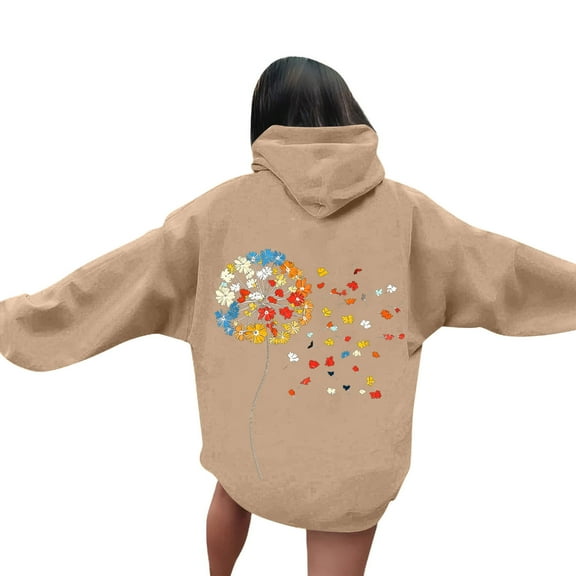 VOONCAS Women's Floral Hoodie - Dandelion Print, Relaxed Fit, Lightweight Polyester, Khaki, Size S