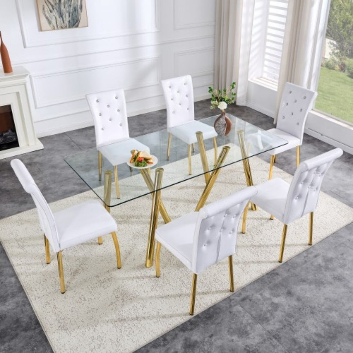 71" Tempered Glass Dining Table, Modern Large Kitchen Table with Sturdy Metal Legs, Round Edge Dining Room Table for Home & Family, Gold