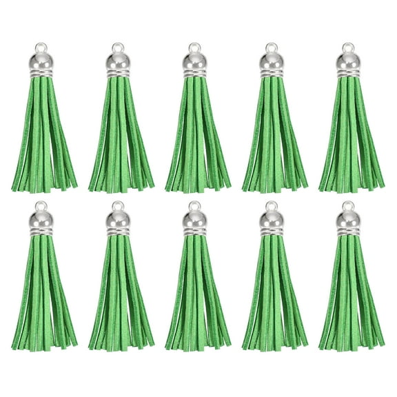 Uxcell 20Pack 2.2" Leather Tassels Keychain Charm with Silver Cap for DIY, Dark Green