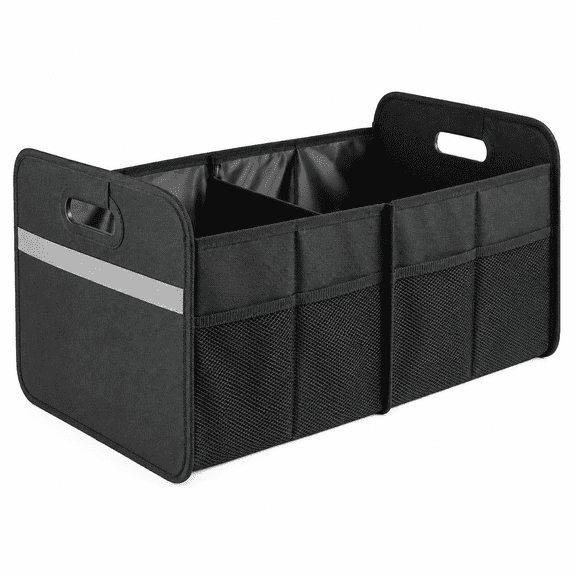 56L Car Trunk Organizer, Collapsible Car Storage Organizer with Dual Compartments, Reinforced Handles, Mesh Side Pockets, Non-Slip Bottom, Black