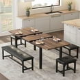 thumbnail image 1 of 5Pcs Dining Table Set for 4-6, 63" Extendable Dining Room Table Set for 4, Kitchen Table with Upholstered Benches and Stools, Kitchen Table Set,Dinner Table Set for 6, Ideal for Small Space-Walnut, 1 of 8