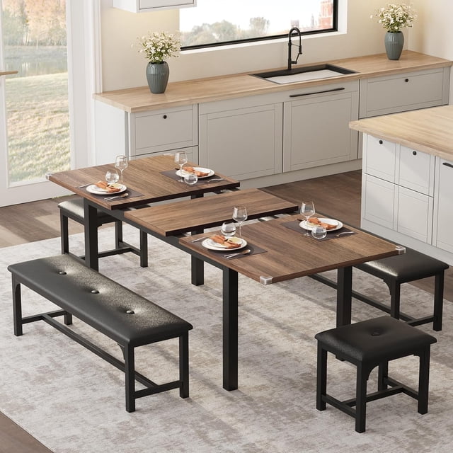 5Pcs Dining Table Set for 4-6, 63" Extendable Dining Room Table Set for 4, Kitchen Table with Upholstered Benches and Stools, Kitchen Table Set,Dinner Table Set for 6, Ideal for Small Space-Walnut