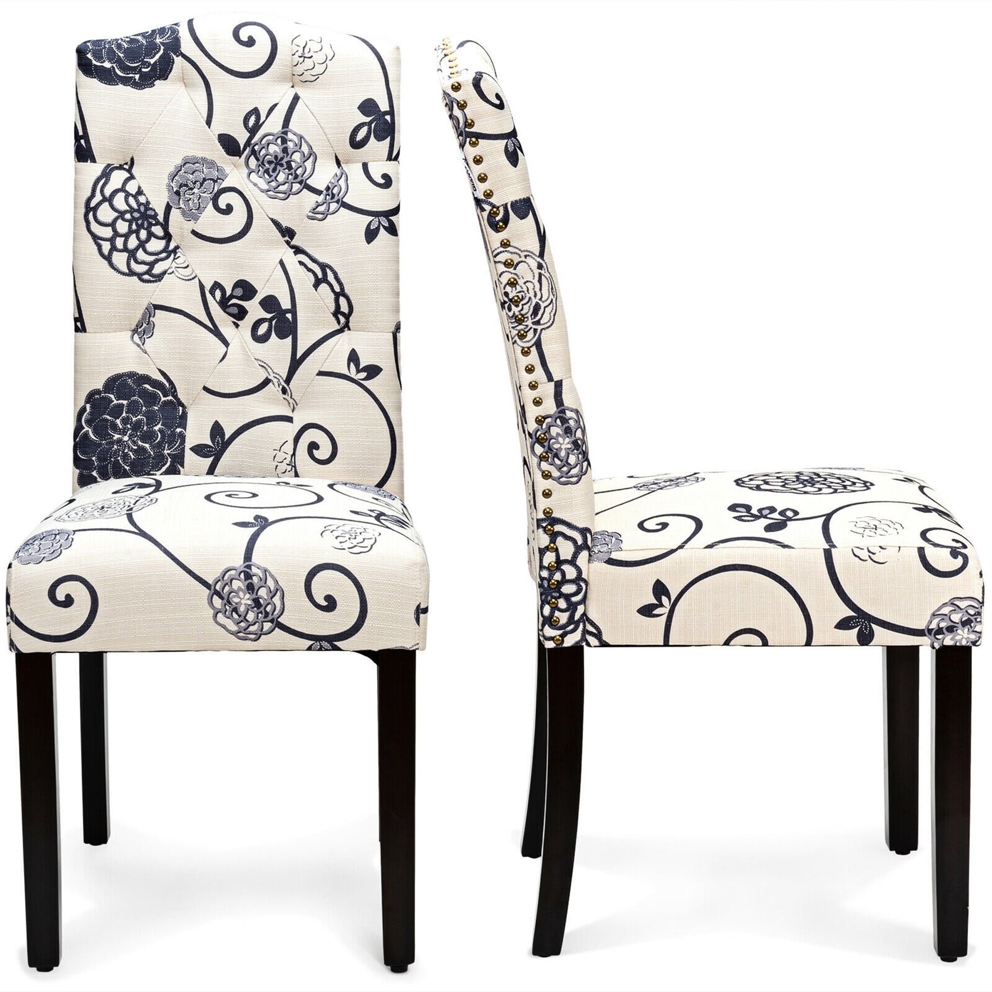 Gymax Set of 2 Tufted Dining Chair Upholstered Nailhead Trim Rubber Wooden Leg