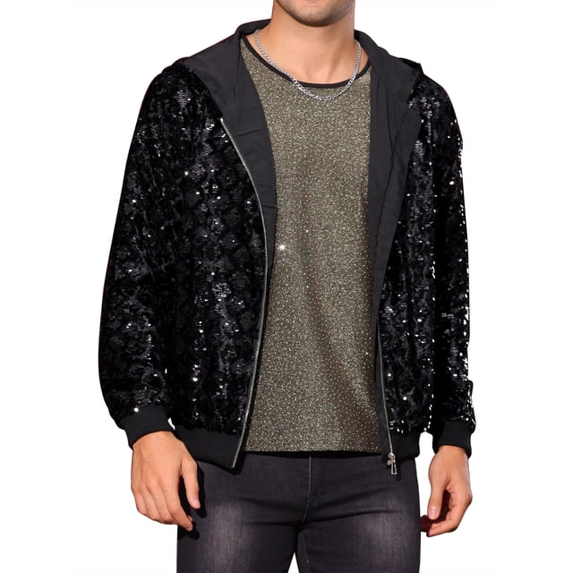Chaqueta de lentejuelas Argyle Inspire Chic para hombres, de manga larga, metálica, brillante, con capucha, disco, color negro