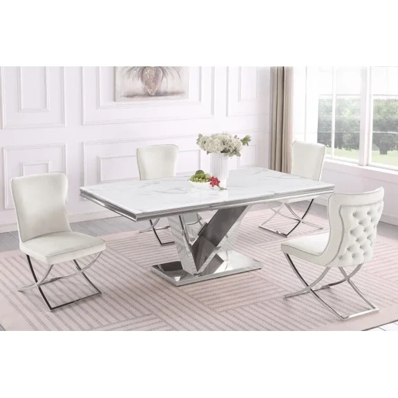Modern Dining Room 5PC Set, Chrome Marble Laminated Top Dining Table with 4 Velvet Chair, Beige