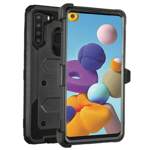 GoldCherry for Galaxy A21 Case with Built-in Screen Protector, [Heavy Duty Protection] Full-Body Rugged Shockproof Protective Cover with Kickstand for Samsung Galaxy A21 (6.5-inch) (Black)