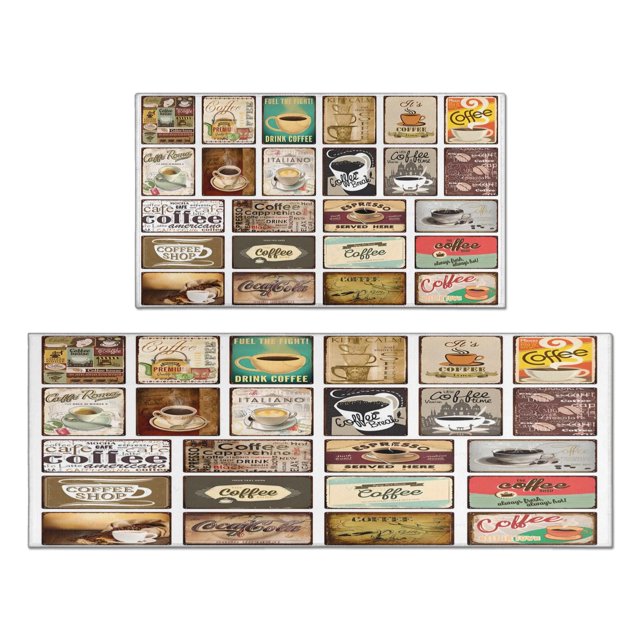 Coffee Mug Farmhouse Design Kitchen Mats for Floor Set Of 2,Kitchen Rugs Mats with Dirty Resistance,washable,non Skid,kitchen Mats 17.7x24+17.7x48inch