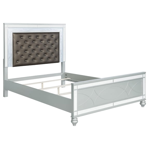 Pemberly Row Faux Leather Eastern King Panel Bed in Silver Metallic