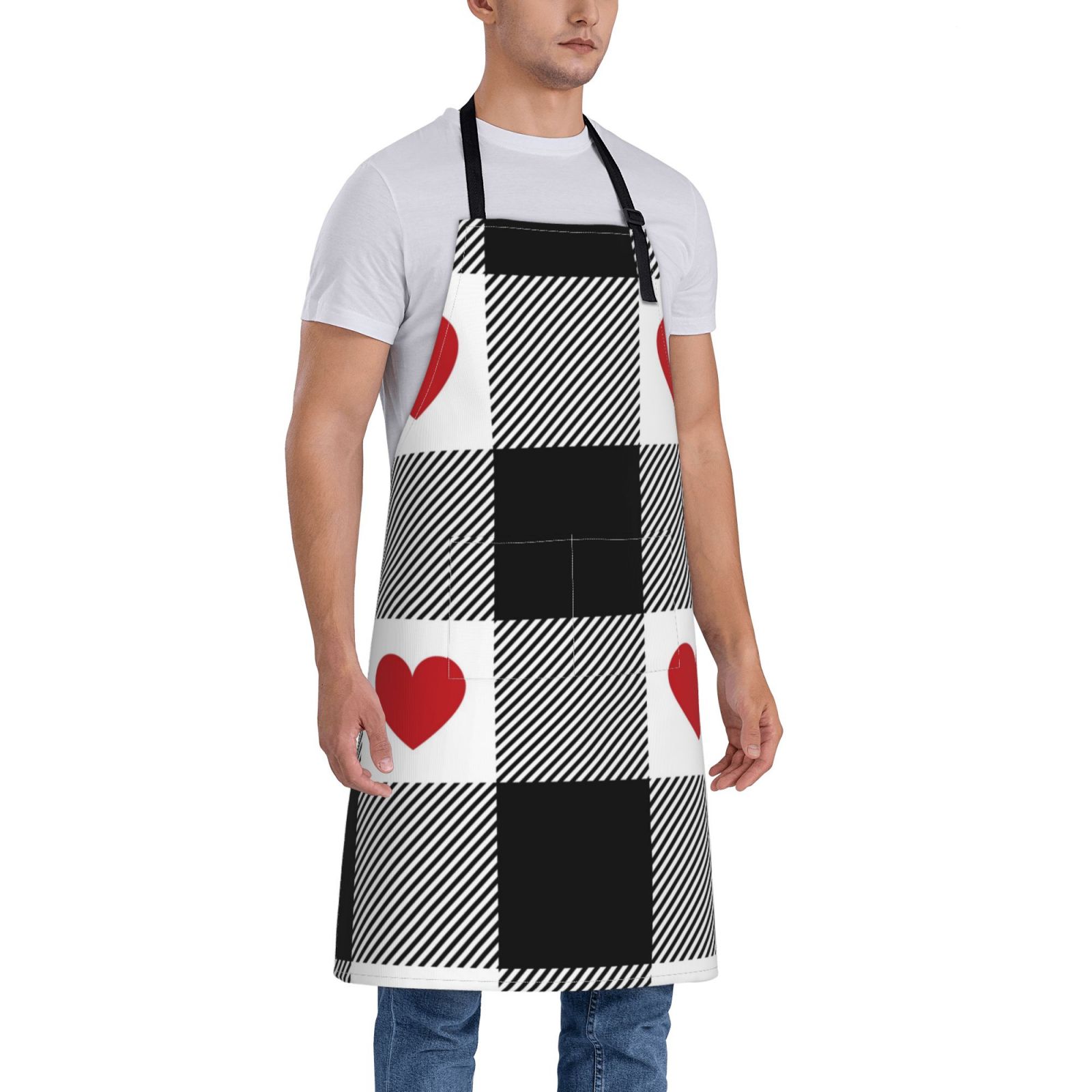 Kdxio Heart Black Buffalo Plaid Gingham Apron with Pockets Adjustable Kitchen Aprons for Men Women Waterproof Aprons for Cooking,Drawing,Crafting, Baking Household Cleaning