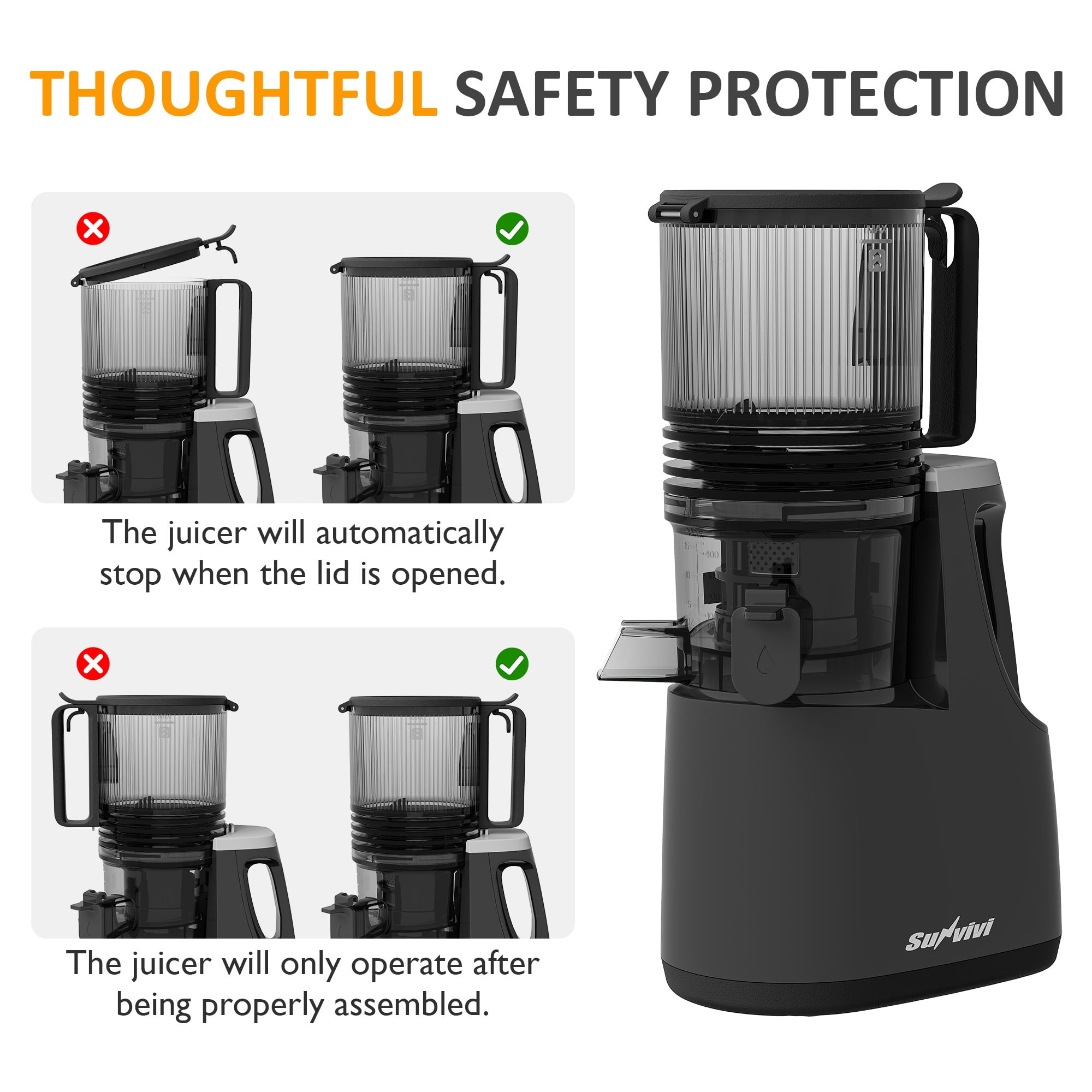 May in Color Slow Cold Press Juicer 5.9" Wide Feed Chute Masticating Juice Extractor - Black