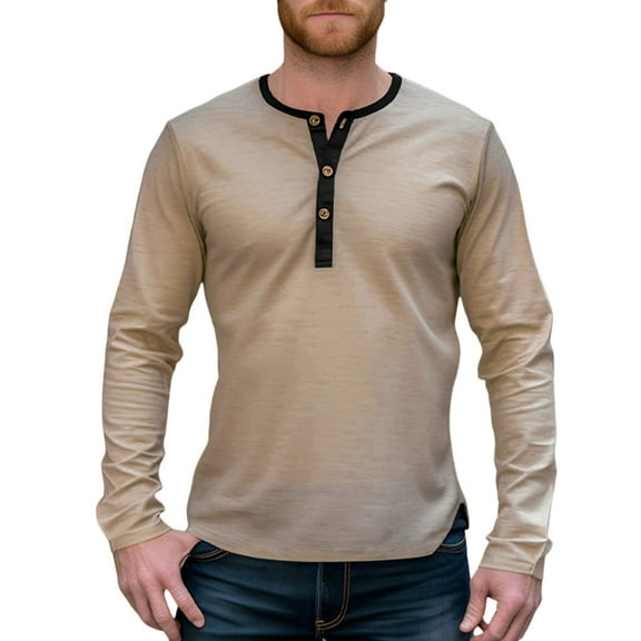 JLFKNG Summer Mens T-Shirt Tops Fashion Patchwork Color Henley Shirt V Neck Long Sleeve Breathable Slim Fit Base T Shirt Buttons Down Suitable For Vacation
