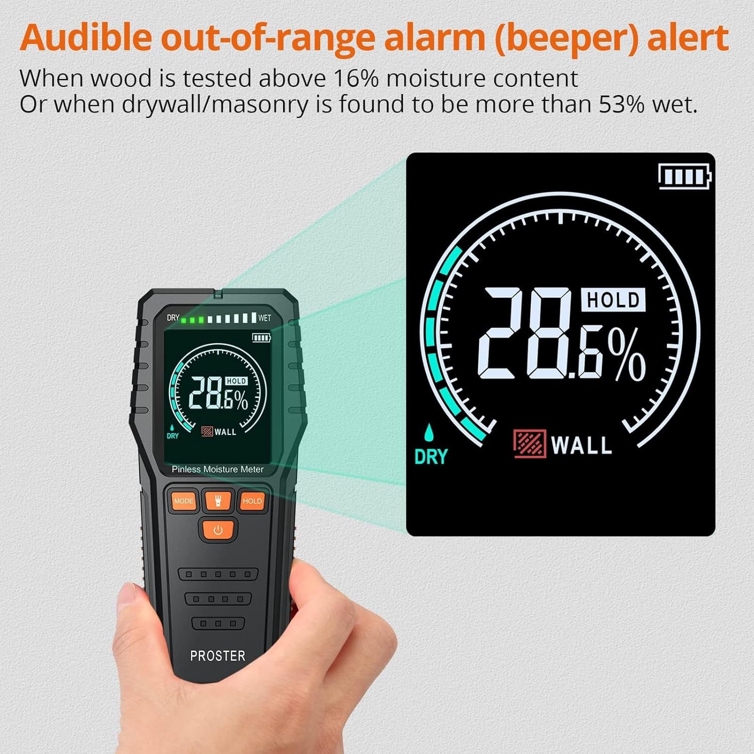 Proster Pinless Wood Moisture Meter - Non Destructive Moisture Tester for Wood Wallboard Masonry, Detect up to 3/4 Inch Below Surface, Backlit Color LCD, Visual Audible Alarm