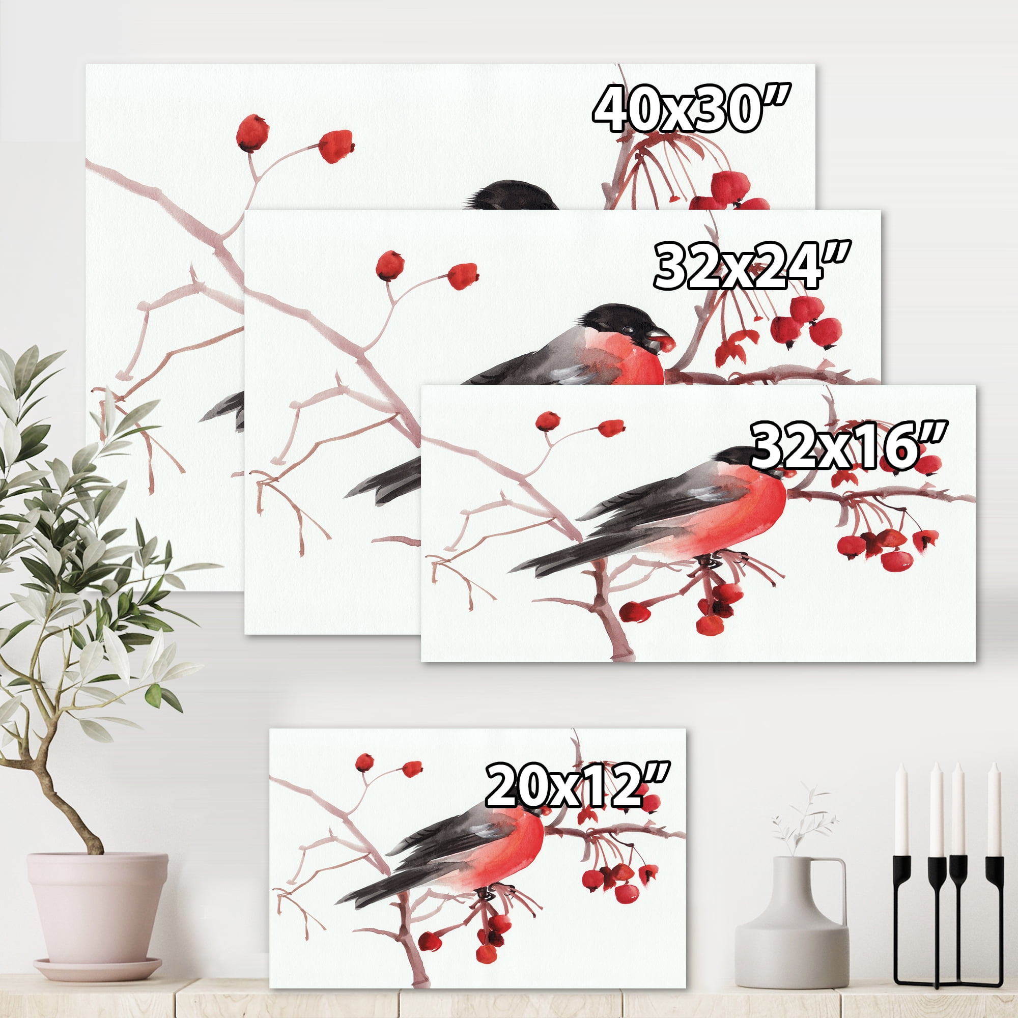 Bullfinch Bird Sitting On A Branch 32 in x 24 in Painting Canvas Art Print, by Designart