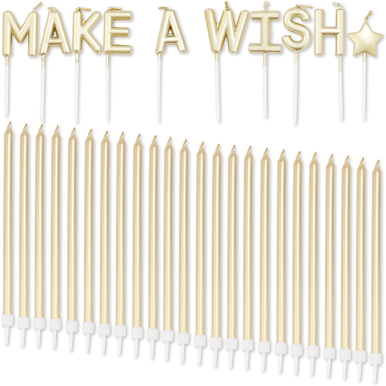 24 Pcs Metallic Gold Metallic Birthday Cake Candles Topper with Holder, 'MAKE A WISH' Letter, for Birthday Party Supplies Decorations