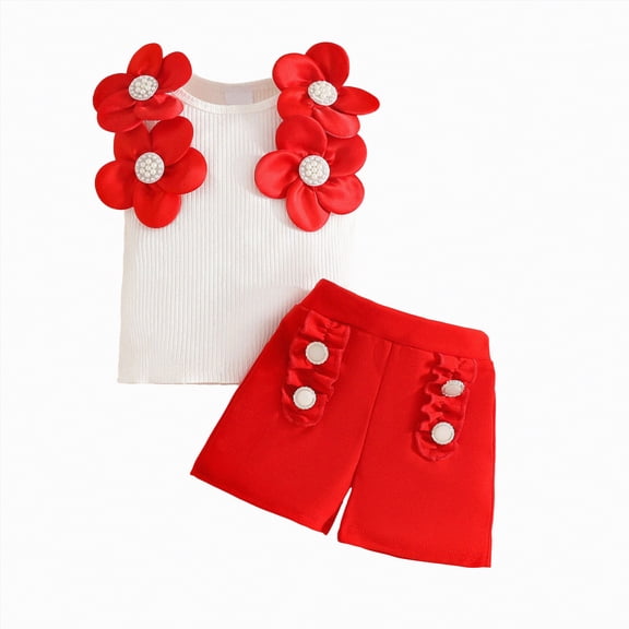 Leey-World Toddler Girls Clothes 1T 2T 3T 4T 5T Summer Outfits Baby Kids Sleeveless T-Shirt Tops & Shorts Sets(Red,18-24 Months)