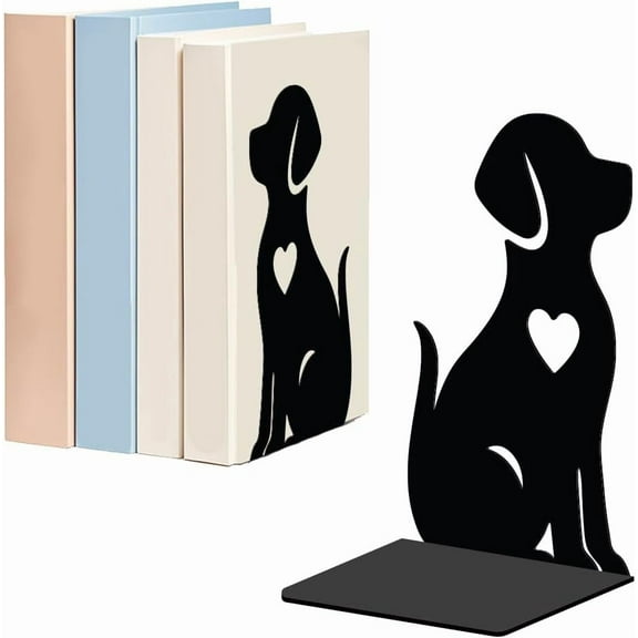 Dog Metal Bookends for Shelves Decorative 1 Pair Puppy Heavy Duty Books End Support Non-Skid Book Holder Animal Black L-Shaped Book Stopper for Home Office Desk Books Divider 4.7x3.5x7 Inch