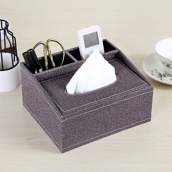Zhuge Funda de cuero retro para caja de pañuelos - Soporte multifuncional para control remoto y papelería con dispensador moderno de pañuelos faciales, gris oscuro
