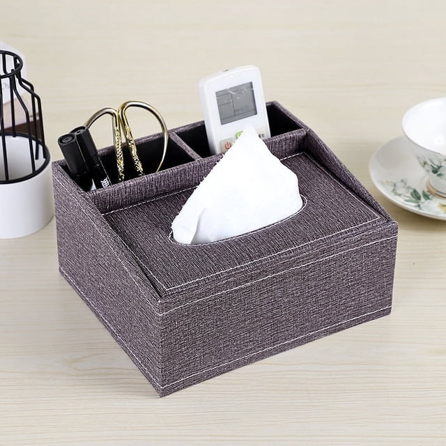 Zhuge Funda de cuero retro para caja de pañuelos - Soporte multifuncional para control remoto y papelería con dispensador moderno de pañuelos faciales, gris oscuro