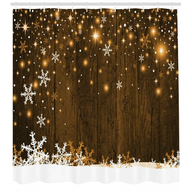 Christmas Shower Curtain, Rustic Wooden Backdrop with Snowflakes and