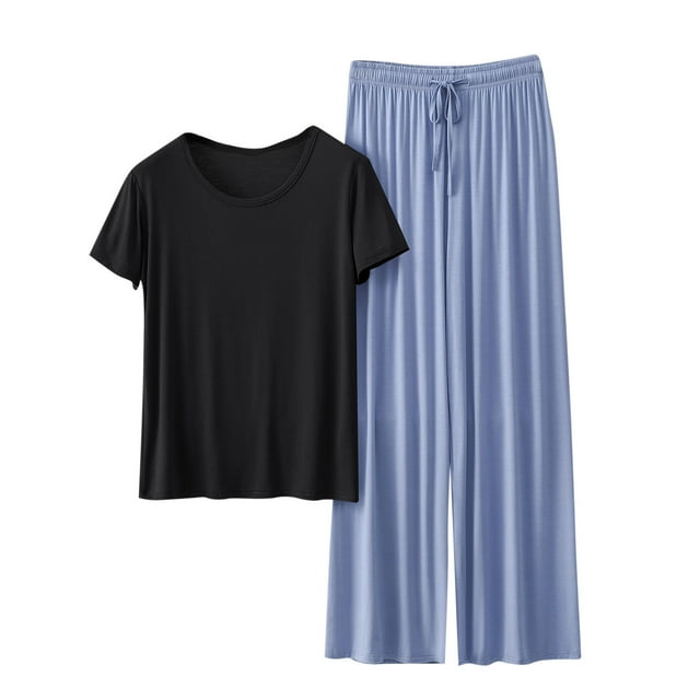 Timegard Ensembles de Détente pour Femmes Col Rond Manches Courtes Tee Pantalon Large Couleur Unie Tenues d'Été Confortables