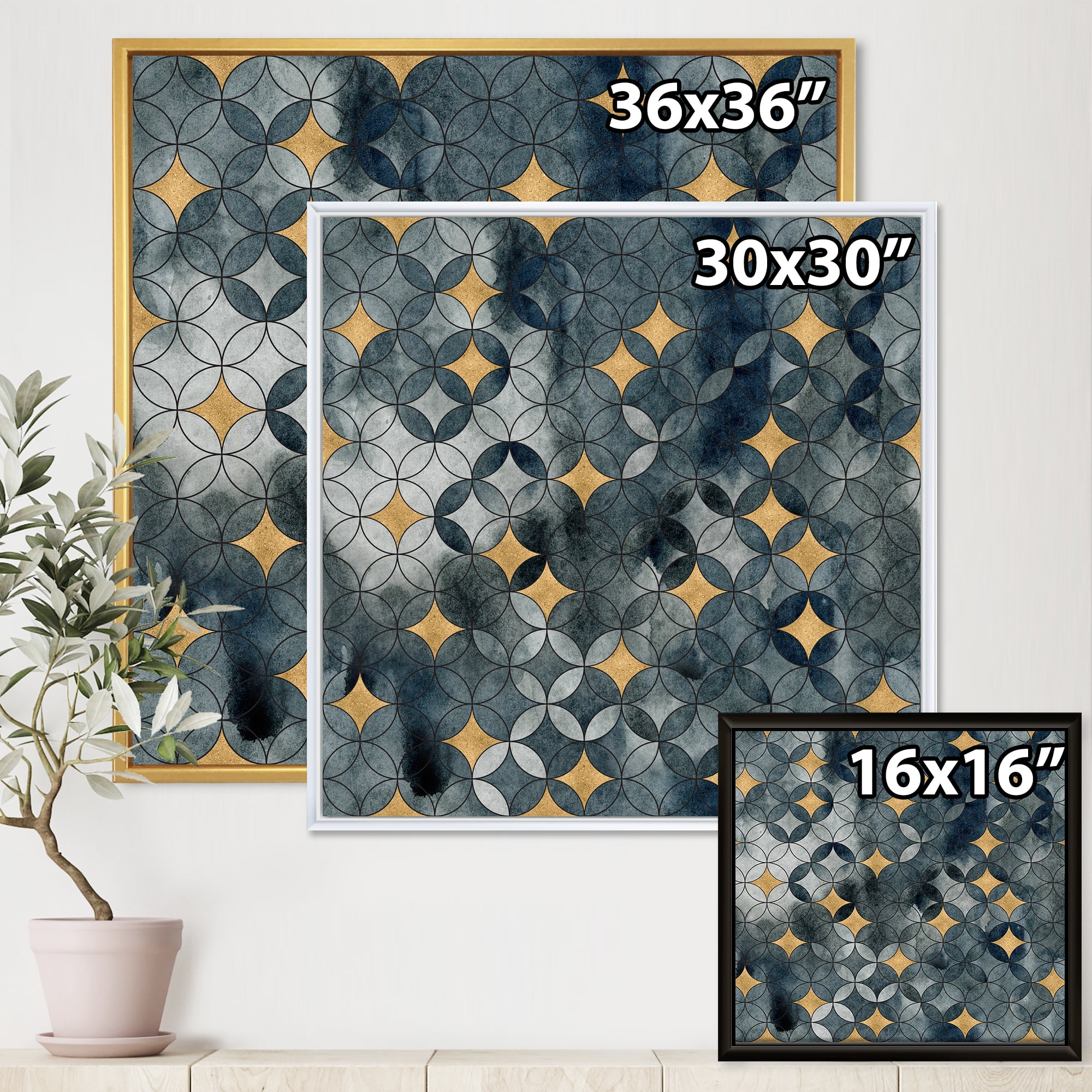 Designart 'Geometry Golden Stars With Intersecting Circles' Modern Framed Canvas Wall Art Print