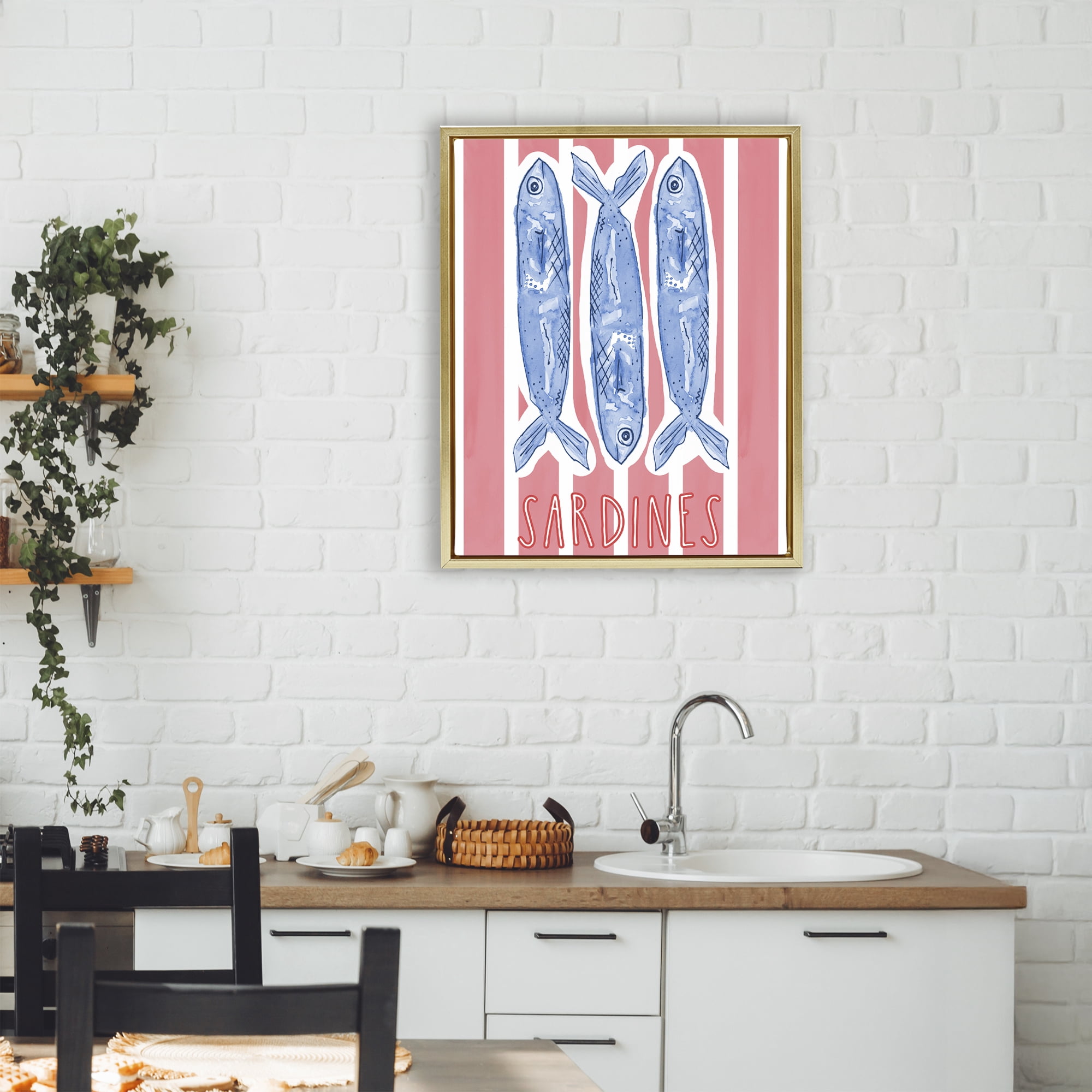 Stupell Industries Americana Sardines on Pink Stripes Gold Framed Floater Canvas Wall Art, design by Nola James