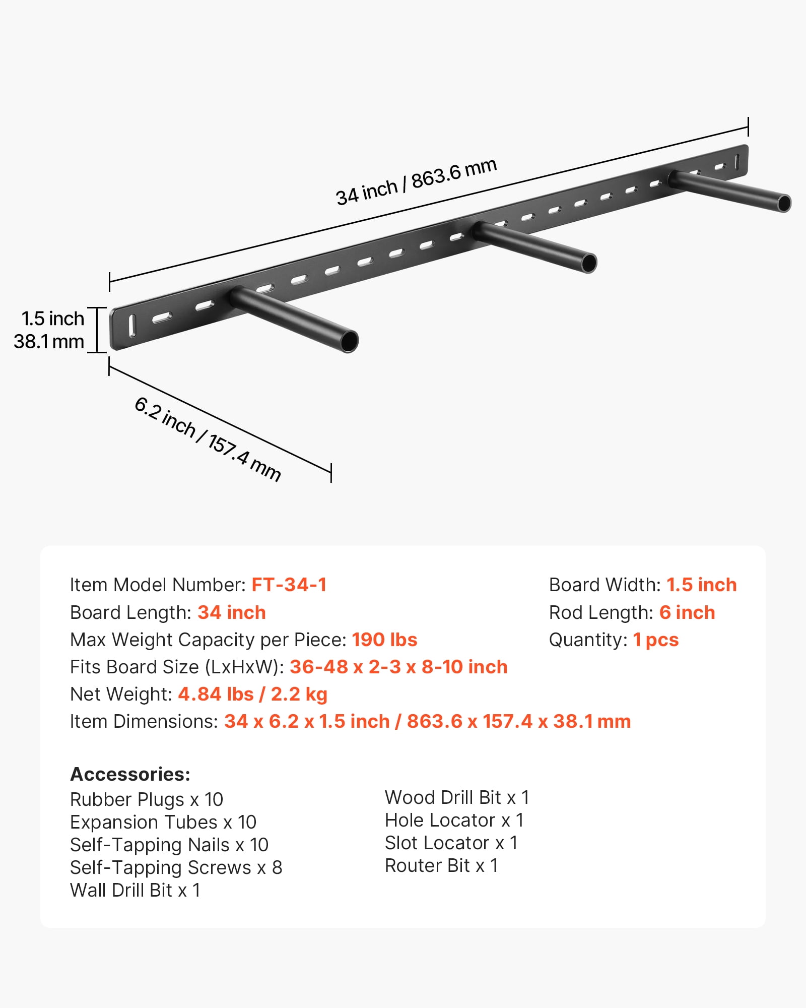 VEVOR Floating Shelf Bracket 1 Pack, 190 lbs/86 kg Weight Capacity, 34x6.2x1.5 inch / 863.6x157.4x38.1 mm, Heavy Duty Hidden Shelf Brackets Support, Wall Mounting Invisible Floating Shelves Bracket