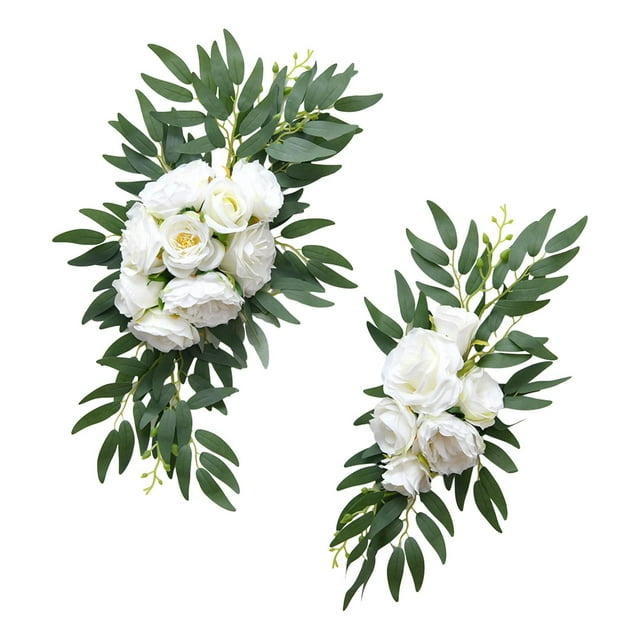 Tnarru 2x Artificial Flowers Swag Set Artificial Wedding Arch Flowers Decorative Rustic Welcome Sign Decoration for Party Wall Decor White