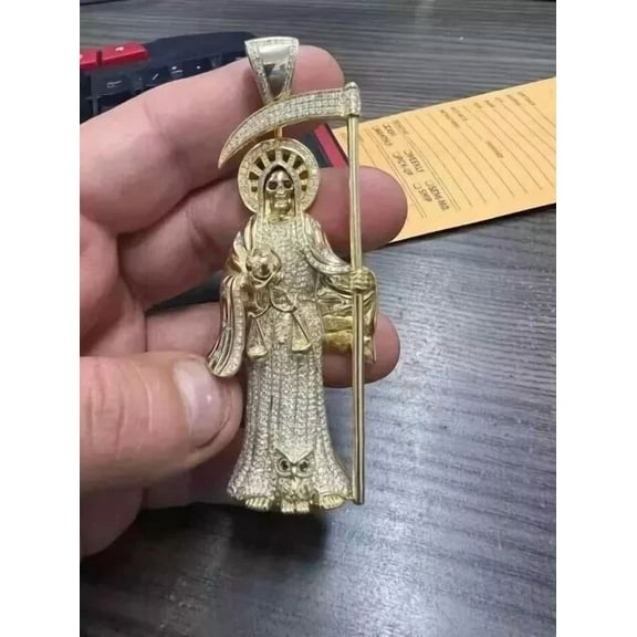 Aishvi Jewels 3 Ct Round Cut Moissanite Men's Santa Muerte Pendant 14K Yellow Gold Plated 18'' Free Chain