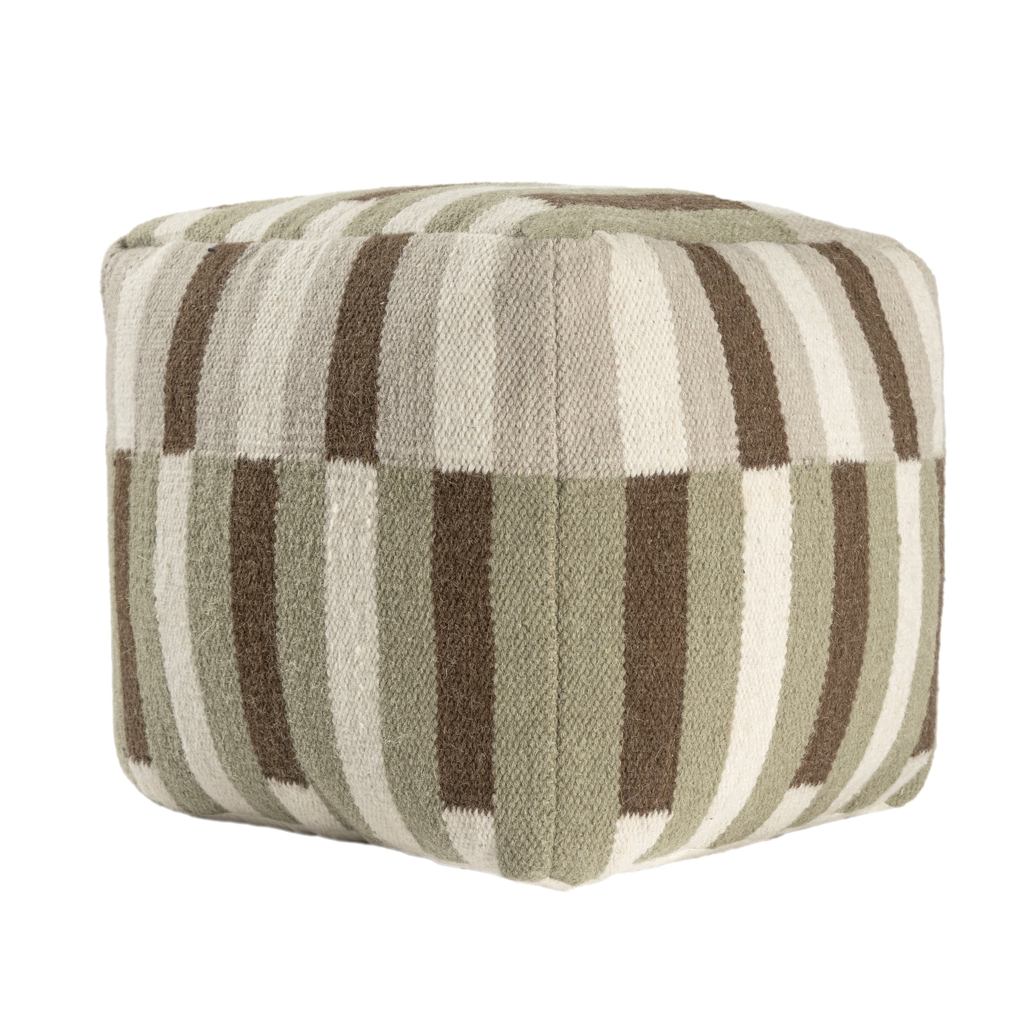 Ox Bay Cairo Ivory/Brown Color Block Striped Medium Square Indoor Pouf Ottoman, 18" H x 18" W