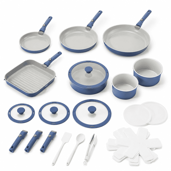 24 Piece Ceramic Detachable Handle Pots and Pans Set Navy | Ceramic Cookware Set, Induction Cookware Set with Removable Handle, Healthy Non Stick for RV, Dishwasher & Oven Safe