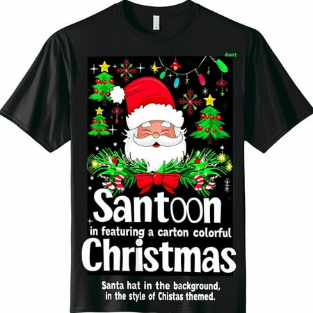 

Christmas Pajama Shirt with Santa Hat & Lights Festive Black Tee