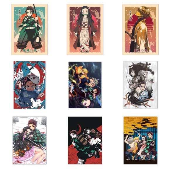 Demon Slayer Theme Poster Prints - Set of 9 UNFRAMED (8 inches x 10 inches) Wall Decor Cartoon Poster.