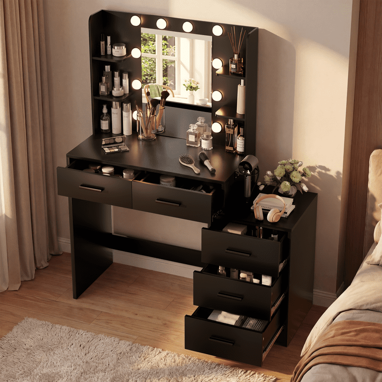 Lacoo Vanity Desk with 5 Drawers & Charging Station, Makeup Vanity with Lights & 4 Shelves, Dressing Table for Bedroom, Black