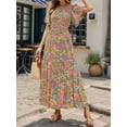 thumbnail image 5 of SANOPY Women's 2025 Summer Boho Maxi Dress Vacaton & Daily Floral Print Short Flutter Sleeve Crew Neck Smocked High Waist Flowy Layel Hem A-Line Pastoralism Dress, 5 of 6