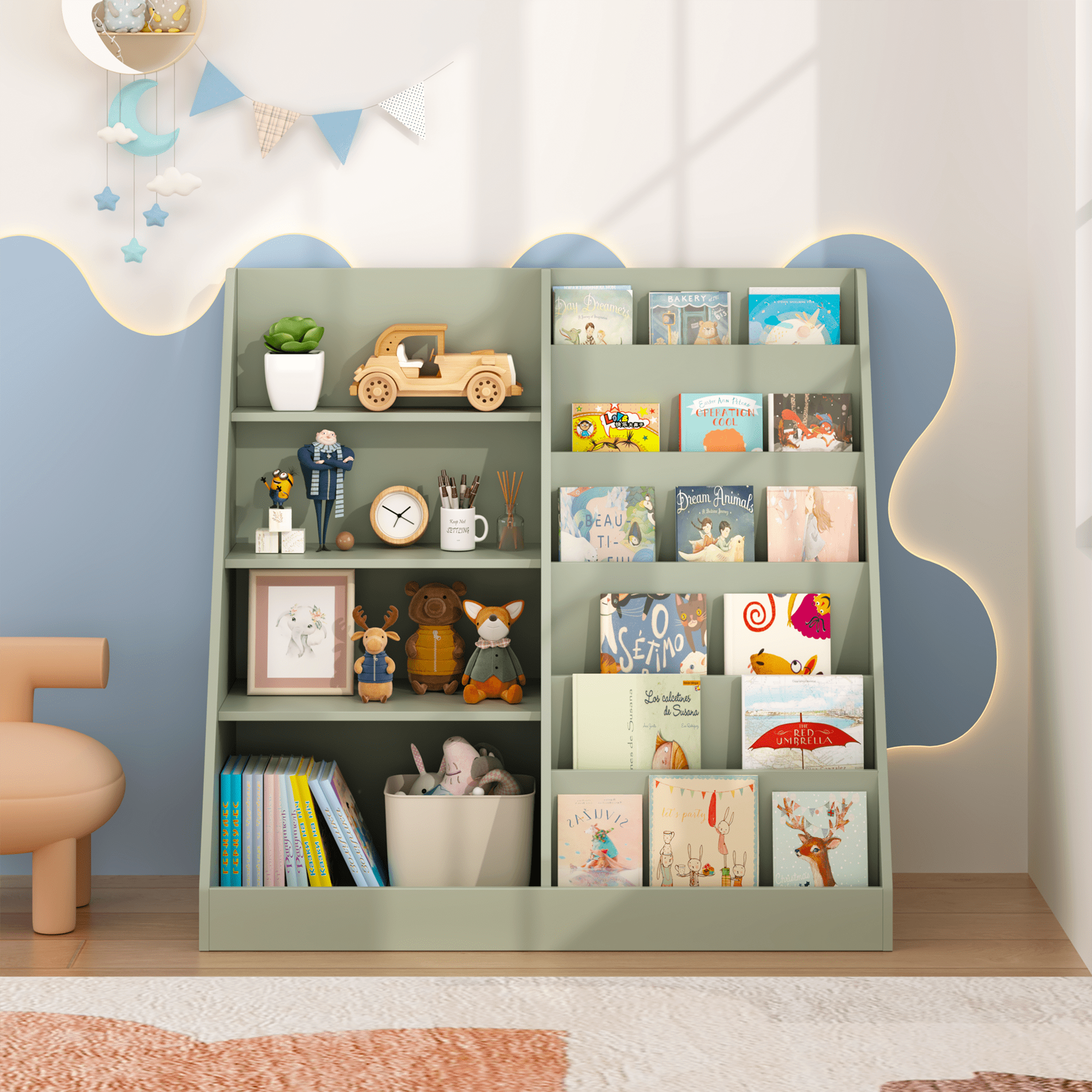 Kids Bookshelf and Toy Storage Organizer, Multifunctional 4 Tier Wooden Kids Book Shelf with Bookcase Display Stand in Kids Room Playroom Nursery for Kids, Children, Toddlers (Sage)