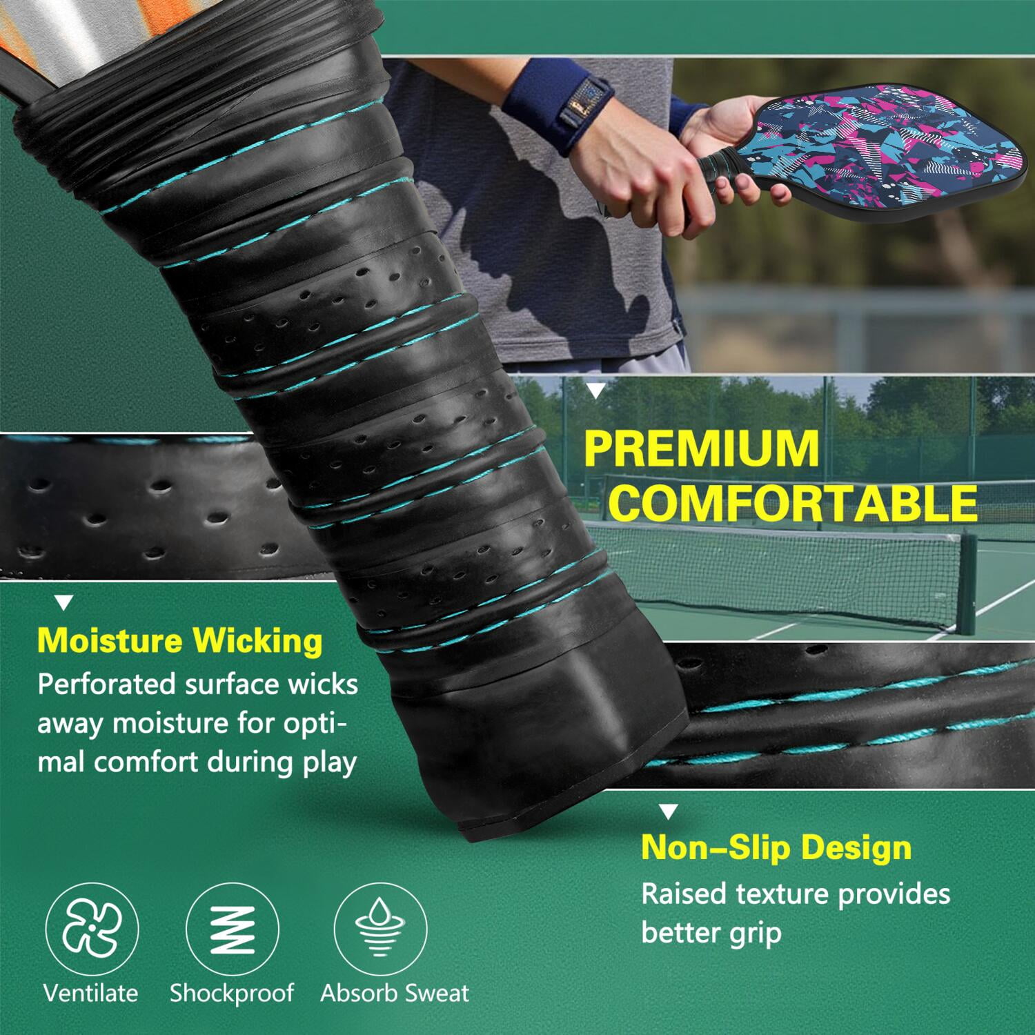 Pickleball Paddles Set Of 2, Fiberglass Surface, Colorful Geometry Print, 4 Balls & Bag