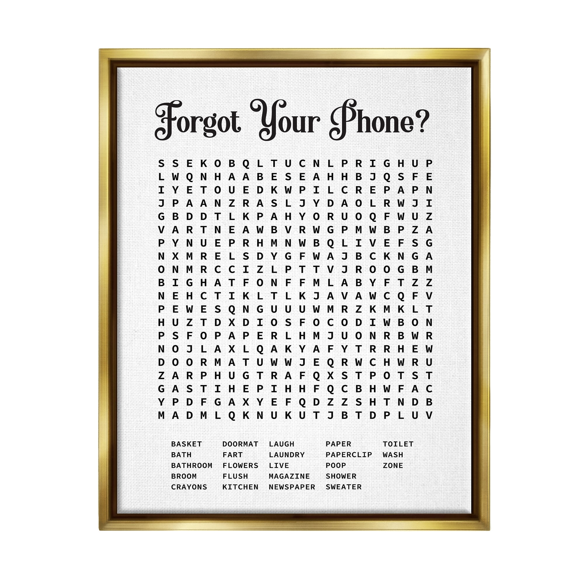 Stupell Industries Phone Crossword Puzzle Bathroom Word Design Metallic Gold Framed Floating Canvas Wall Art, 16x20, by Lettered and Lined
