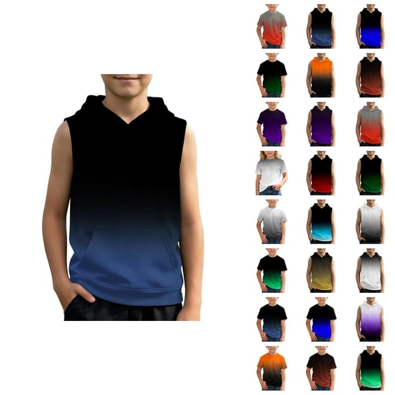 Boys And Girls Gradient Hooded Vest Sweatshirt For Kids | Lightweight Front Pocket Sleeveless Hoodie Top