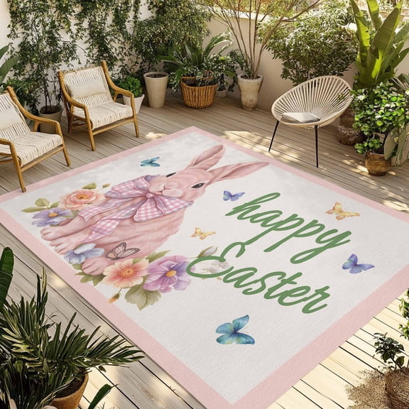Happy Easter Outdoor Rug for Patio/Deck/Porch, Non-Slip Large Area Rug 5 x 7 Ft, Spring Cute Rabbits Flowers Butterflies Pink Indoor Outdoor Rugs Washable Area Rugs, Camping Rug Carpet Runner