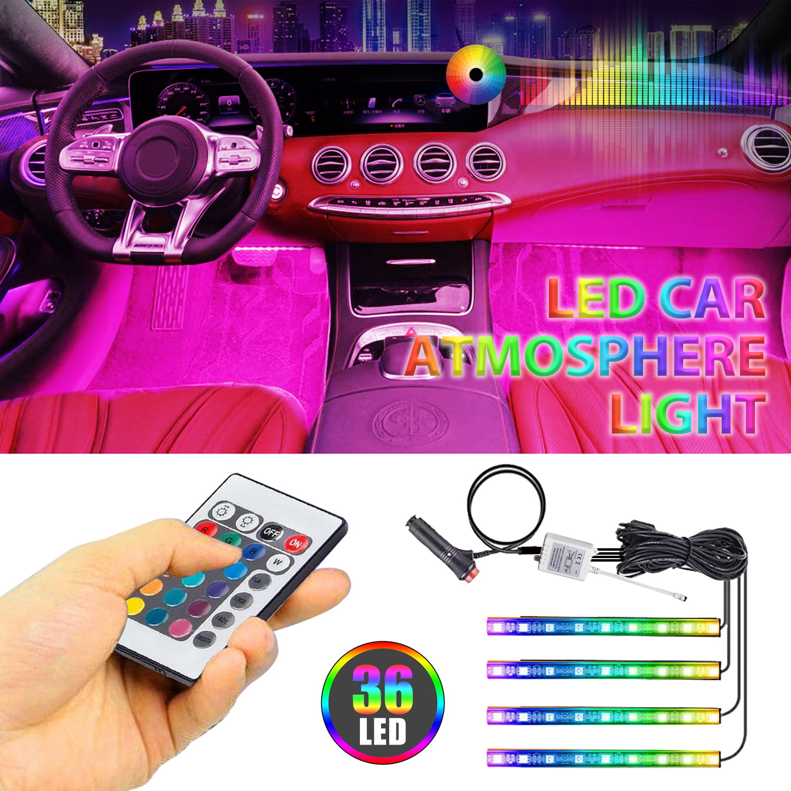 Neon Light in The Car 13 feet 2PCS Mobile Phone Bluetooth Control,Soft Atmosphere Light Universal USB Interface 12VDC RGB Scene Light 
