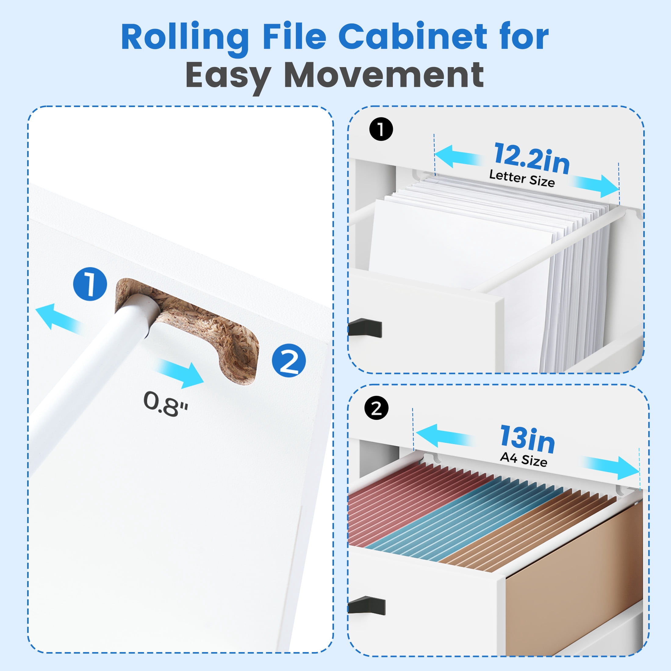 CONCETTA 2-Drawer Rolling File Cabinet with Lockable Wheels, Printer Stand with Storage for Home Office，White
