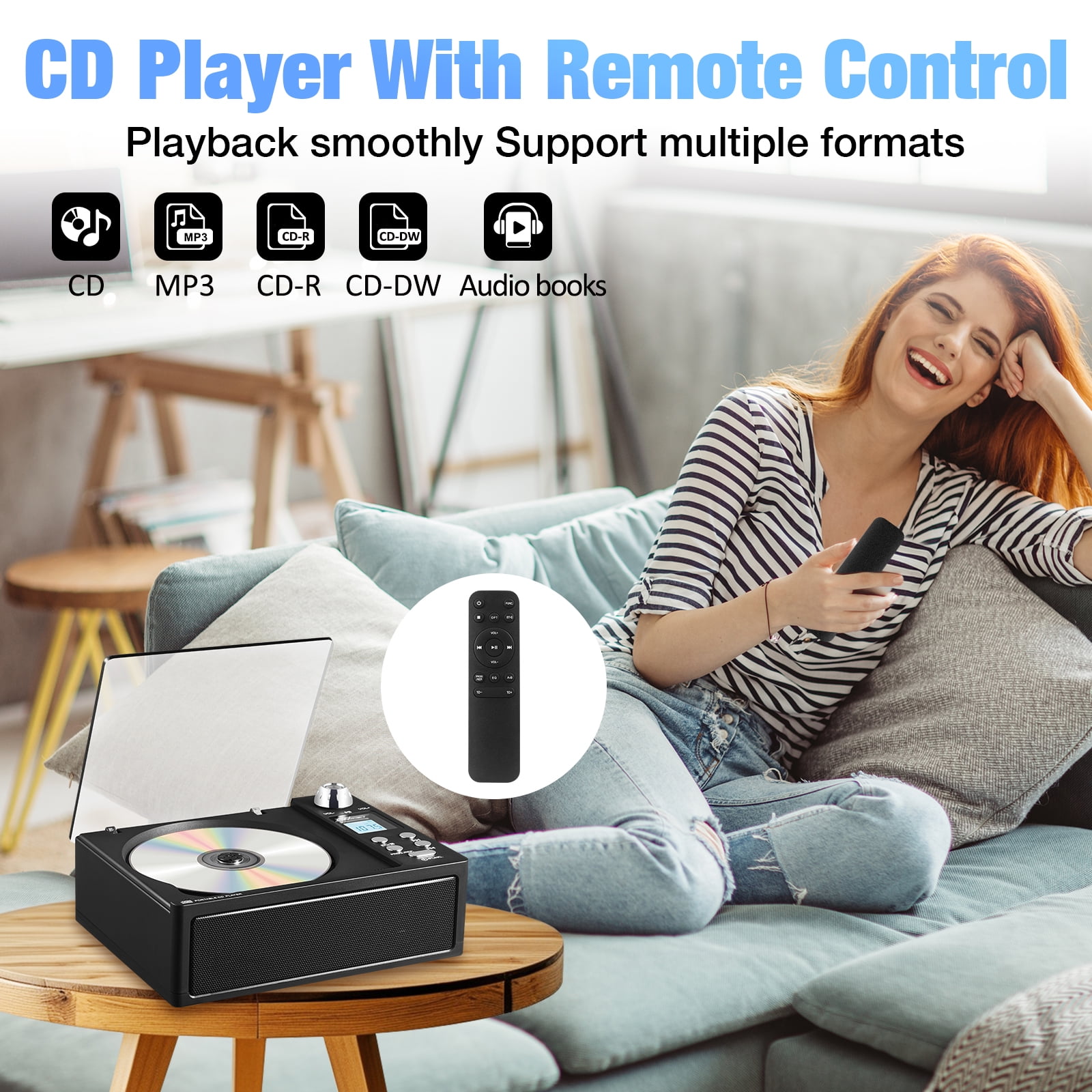 Portable CD Player with Bluetooth,Rechargeable CD Player with Speakers, FM Radio,Remote Control,Supports USB, TF, AUX.