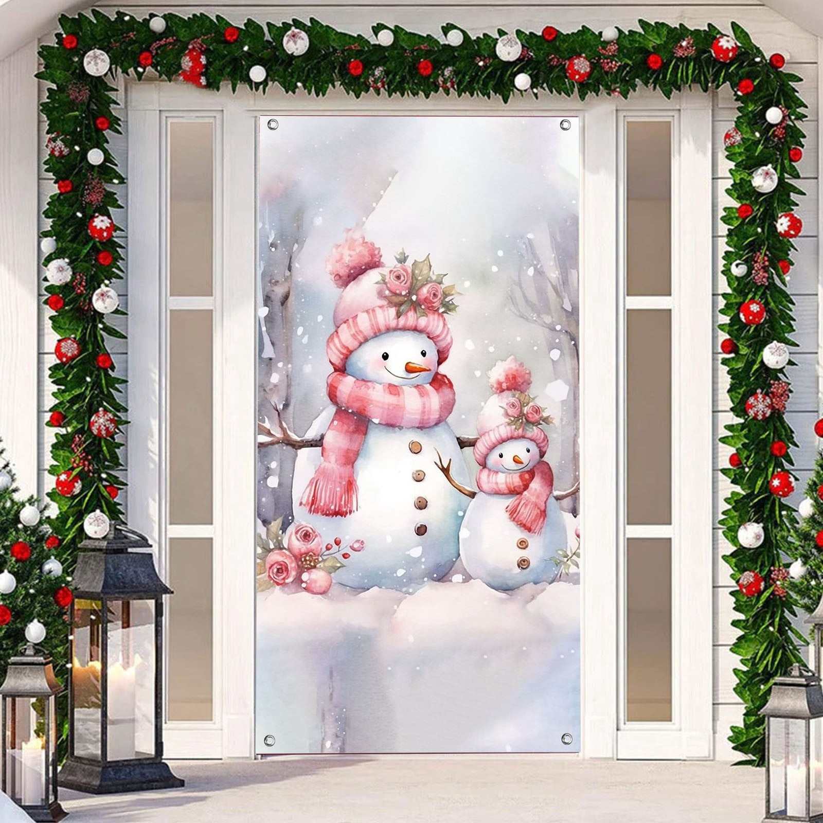 Décoration Porte Noël Bonhomme De Neige 180x90 Cm - Avec Nœud Et Cloches - Pour Maison, Bureau, Porche