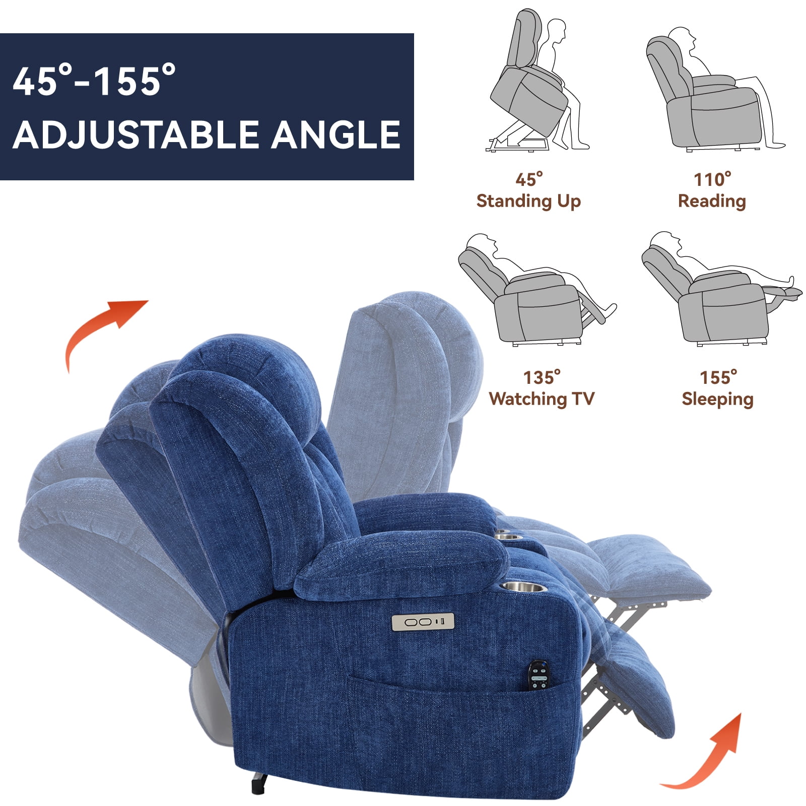 Alvantor Large Power Lift Recliner Chair for Elderly with Massage and Heat Chenille Electric Recliners Chair with USB Ports & Cup Holders for Living Room Blue