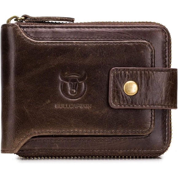 Bullcaptain Genuine Leather Wallet for Men Large Capacity ID Window Card Case with Zip