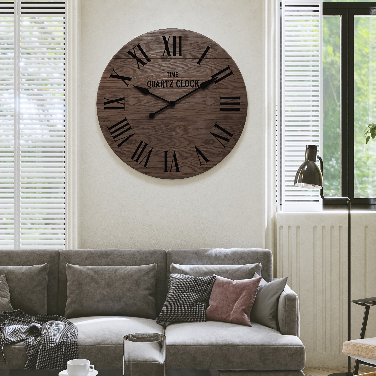 HLR 35.5” Farmhouse Large Shiplap Round Wall Clock with Roman Numeral for Living Room Decor, Brown