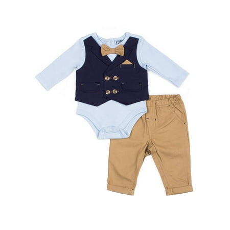 Little Lad Long Sleeve Mock Vest Bodysuit & Twill Pants, 2pc Outfit Set (Baby